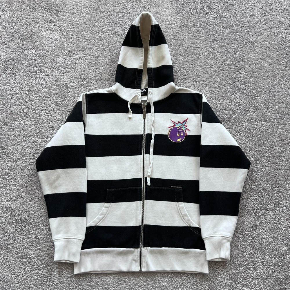 The Hundreds Hoodie Mens Small Black White Striped Adam Bomb Full Zip Graphic